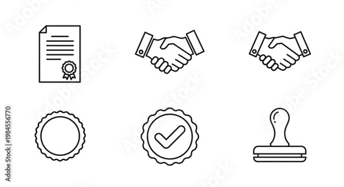 Set of icons representing agreement approval and quality assurance.