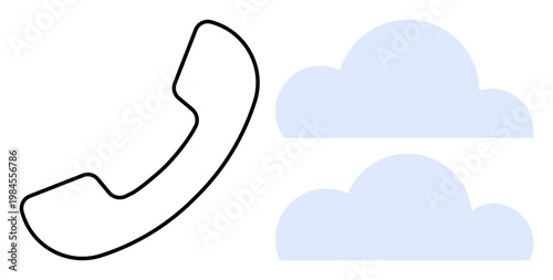 Cloud computing, telecommunication, digital services, remote connection, online communication, data storage. Minimalistic phone receiver and two clouds. Cloud communication and telecommunication