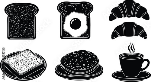 Black Breakfast Food Silhouette Set with Toast, Egg, Croissant, Donut and Coffee Cup on White