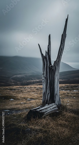 A weathered, skeletal tree trunk stands stark against a muted backdrop of hills and a somber, overcast sky. The landscape exudes a sense of desolation