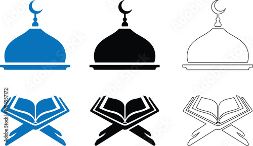 Islamic symbols mosque and holy book vector illustrations in various colors