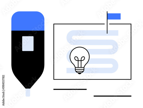 Innovation concept. Innovation using pen, lightbulb, and flag for ideas and creativity. Innovation drives brainstorming sessions and creative processes for projects and strategies. Perfect