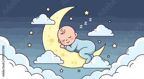 A cute baby peacefully sleeping on a crescent moon surrounded by stars and clouds in a night sky.