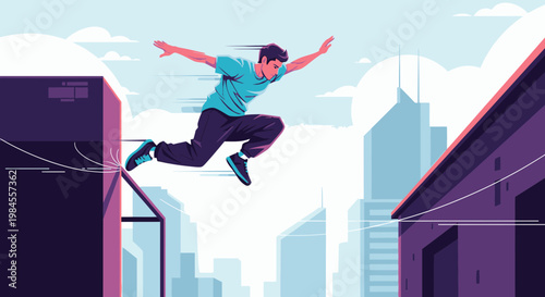 young man jumping between buildings in cityscape