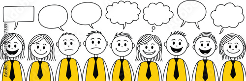 A diverse line of stick figures displaying various emotions with blank communication bubbles above