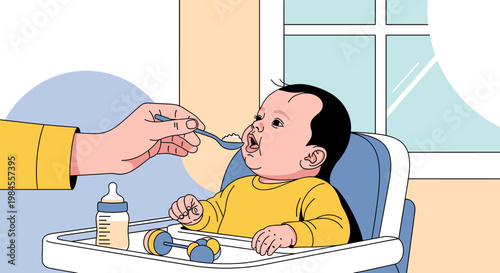 A parent feeding a baby with a spoon while the baby sits in a high chair with a bottle nearby.