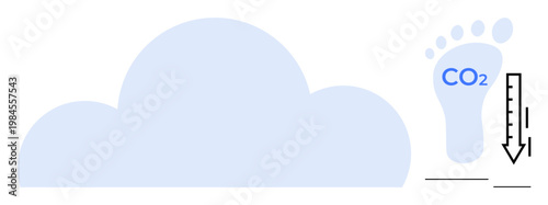 Climate change, environmental impact, sustainability, carbon footprint, global warming, ecological responsibility. Cloud and footprint with CO2 symbol and downward arrow. Climate change