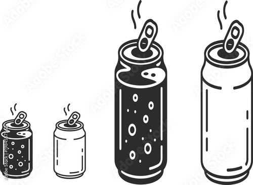 Soda can vector icon set, aluminum energy drink containers, carbonated beverage tins with bubbles and steam