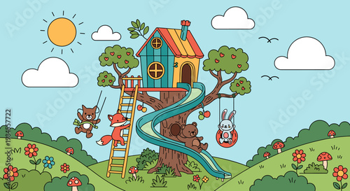 Charming cartoon illustration of a whimsical treehouse nestled in a lush green landscape, featuring playful animal characters enjoying various activities.