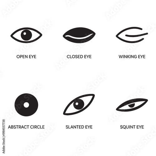 A Comprehensive Collection of Minimalist Eye Icons Representing Various Expressions and Shapes.