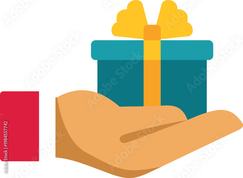 Hand holding a wrapped gift box with a yellow ribbon