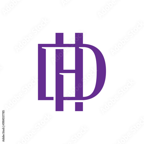 Bold interlocking DH lettermark monogram in deep purple on white. Overlapping serif-style letters create a strong, elegant mark for fashion, luxury, or personal brands.