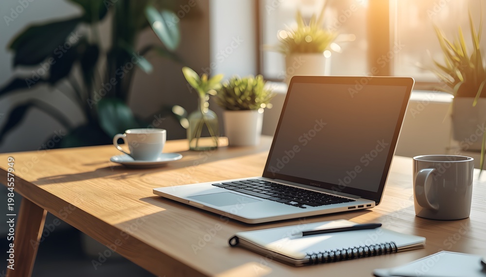 Fototapeta premium Modern Remote Work Setup at Home with Laptop and Coffee in Soft Sunlight