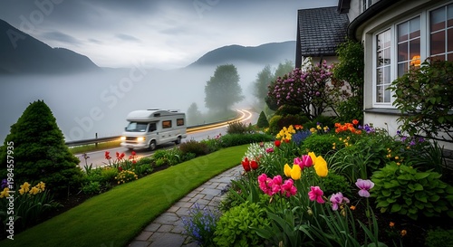 A winding road beside a lake is shrouded in morning mist. A white RV travels past a colorful flower garden and a stately home