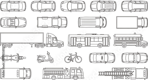 Top view vehicles floor plan vector set. Thin line transportation icons of cars, trucks, buses, motorcycles and bicycles for urban planning, traffic maps and CAD blueprint design
