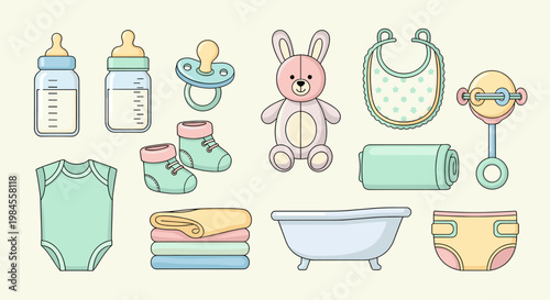 A collection of essential baby care items, including feeding bottles, a pacifier, a plush toy, and clothing, arranged on a light background.