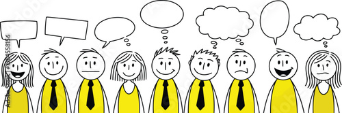 A group of cartoon stick figures featuring various facial expressions and blank speech bubbles