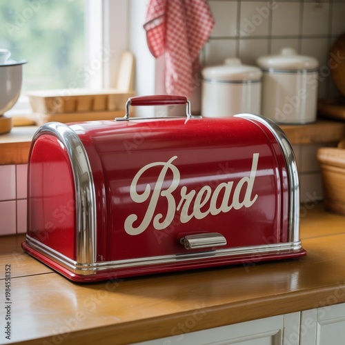 Old bread bin, vintage 1950s enamel bread bin on a distressed wood kitchen countertop, bright cherry enamel finish and labeled BREAD in elegant white letters