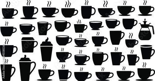 A large collection of various black coffee and tea cup silhouettes with steam rising from them