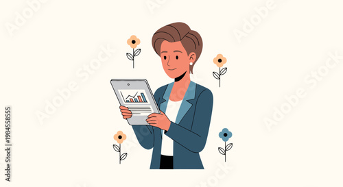 Woman using laptop with flowers around her.