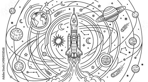 A rocket ship blasts off into the cosmos surrounded by celestial bodies.