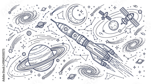 Space exploration with a rocket ship.