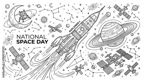 National Space Day illustration with rocket and planets.