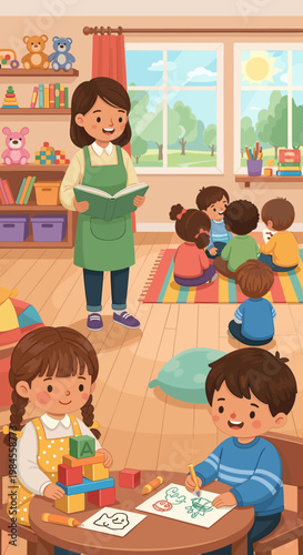 A cheerful teacher reads a book to a group of young children sitting on a colorful rug in a bright, sunlit kindergarten classroom, while two other children play with blocks and draw at tables.