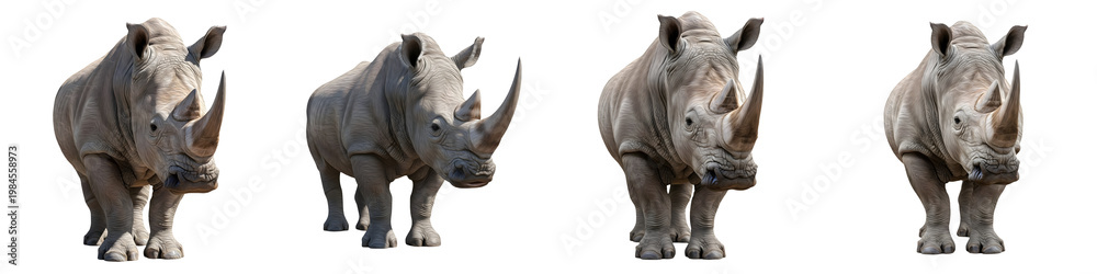 Fototapeta premium Majestic White Rhinoceros Set Isolated on White Background: Four High-Resolution Wildlife Portraits of African Rhino with Large Horns for Conservation and Nature Design.