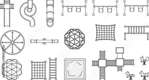 Top view playground equipment floor plan vector set. Thin line outdoor play icons of slides, swings, climbing frames and jungle gym for park design, CAD plans and site layouts