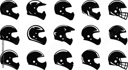 A large selection of black helmet shapes illustrating various protective headwear for sports and cycling