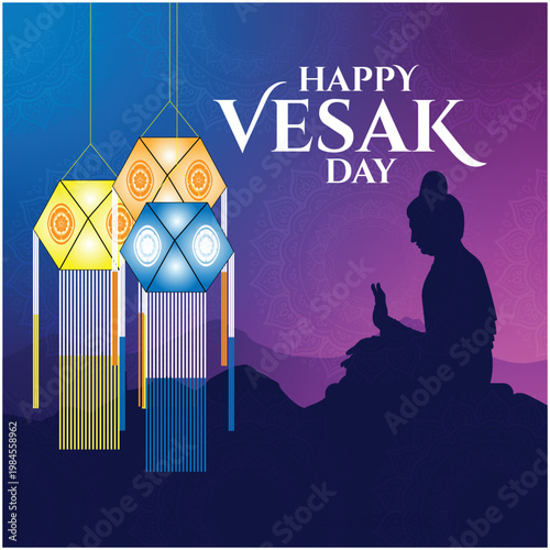 Happy Vesak Day greeting background with Buddha silhouette, traditional glowing lanterns, and mountain landscape.