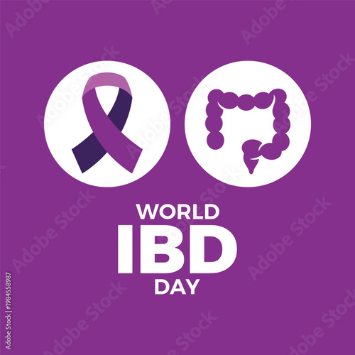 World IBD Day poster vector illustration. Crohn's disease and ulcerative colitis symbol. Purple awareness ribbon and large intestine icon set. Template for background, banner, card. May 19 every year