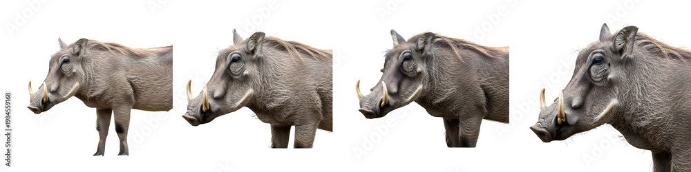 Fototapeta premium Common Warthog Head Portraits Isolated on White Background: Set of Four High-Resolution Close-Up Views of African Wild Pig with Tusks for Wildlife and Education Design.