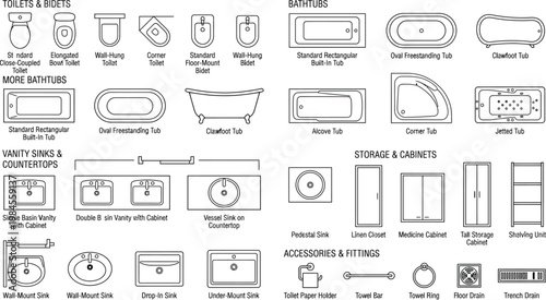 Top view bathroom fixtures schematic symbols vector set. Thin line restroom icons of toilet, sink, shower, bathtub and accessories for CAD plans, bathroom layout and interior design