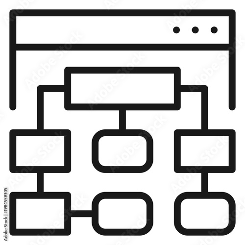 Black line vector icon of a website sitemap or organizational chart within a web browser window, representing site architecture, hierarchy, planning, and web development structure.