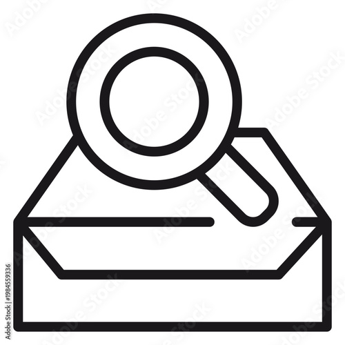 Photos Black line vector icon of a magnifying glass over an open envelope, representing email search, message inspection, data analysis, and communication tracking for business and technology