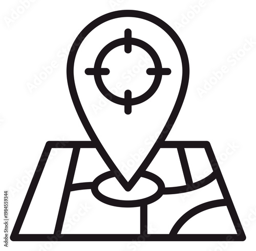 Foto Minimalist black vector icon illustration of a map pin with a target crosshair symbol placed on a simplified street map, representing GPS navigation, location tracking, and precise destination