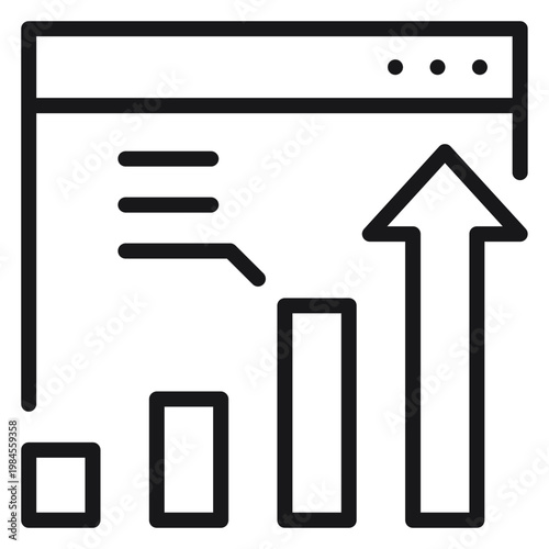 Foto Black vector icon illustration of a web browser dashboard with a rising bar chart and upward arrow, symbolizing business growth, data analysis, SEO performance, and digital marketing success