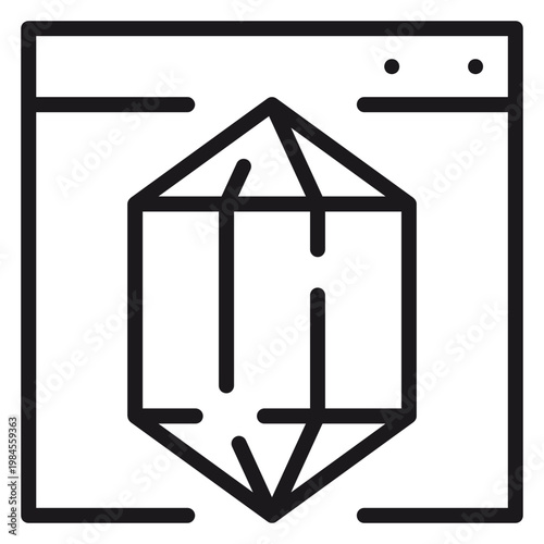 3D modeling software vector icon illustration featuring a geometric crystal prism inside a web browser window interface, minimalist black line art symbol for CAD and design applications.