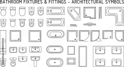 Bathroom fixtures and fittings architectural symbols vector set. Thin line schematic icons of toilet, sink, bathtub and shower for CAD floor plans, plumbing layouts and interior design