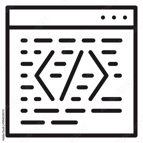 Web Browser Window with Coding Symbols Vector Icon Illustration. Minimalist Black Silhouette of a Software Development Interface with Angle Brackets and Source Code Lines for Tech Design.