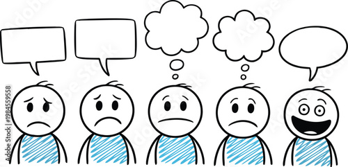A row of five hand drawn stick figures showing emotions from sadness to joy with empty speech bubbles