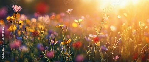 Banner summer colorful wildflowers in a meadow in sunlight. Banner with place for text summer. copy-space for text
