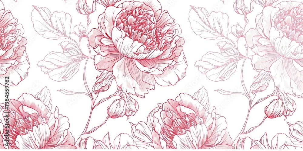 Fototapeta premium Intricate floral illustration featuring blossoming peonies in a soft, elegant watercolor style