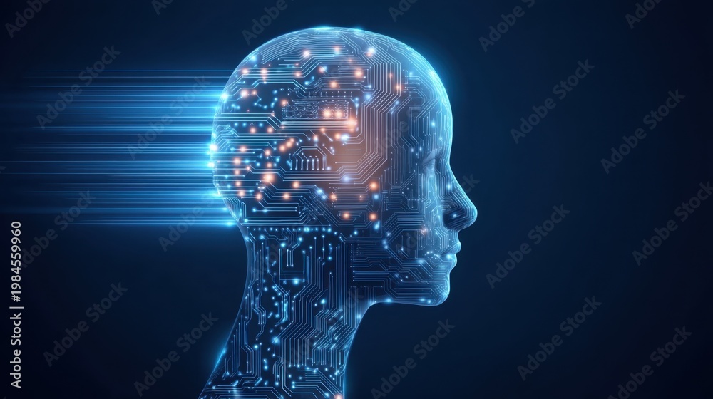 Obraz premium Abstract Digital Human Head with Circuit Pattern and Flowing Light Effects in a Futuristic Style