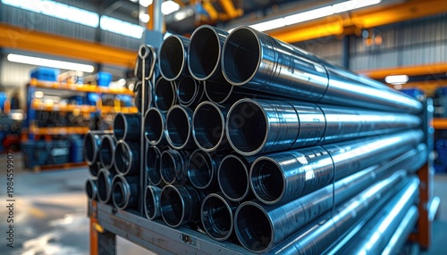 A collection of shiny metal pipes and fittings of various diameters stacked neatly in an industrial warehouse for plumbing and ventilation purposes.