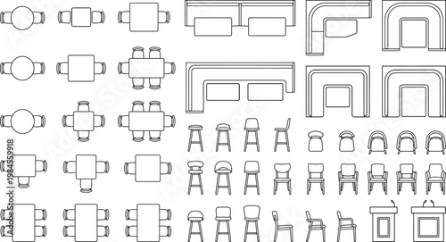 Top view seating layout and furniture floor plan vector set. Thin line tables, chairs, conference, classroom, auditorium and lounge seating icons for CAD plans and architectural design