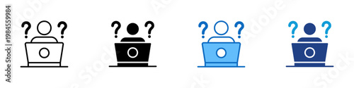 Laptop Confusion Multiple Style Icon Design Vector - User with laptop and question marks representing technical issue, troubleshooting, and user uncertainty