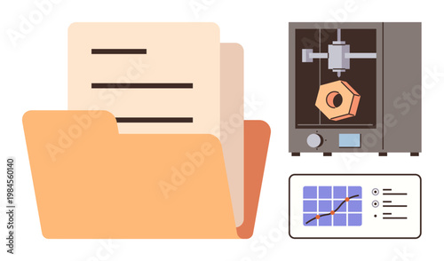 Data storage, additive manufacturing, innovation, digital design, engineering, efficiency. Open folder alongside a 3D printer and control panel. Data storage and additive manufacturing concepts